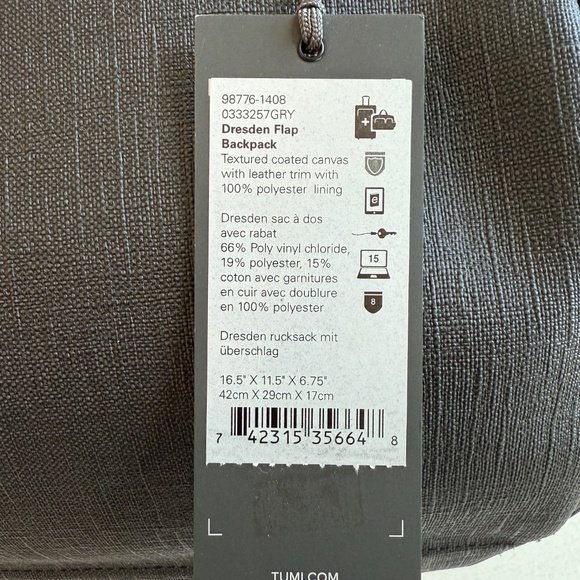 Brand new TUMI GRY DRESDEN FLAP BACKPACk - Ashton Collection - Picture 4 of 10